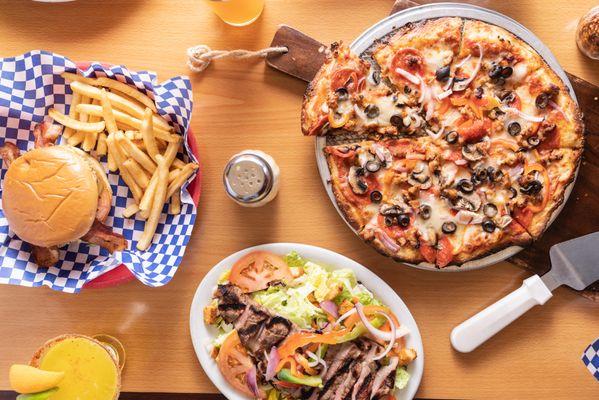 Bacon Cheeseburger, Steak Salad, Build Your Own Pizza