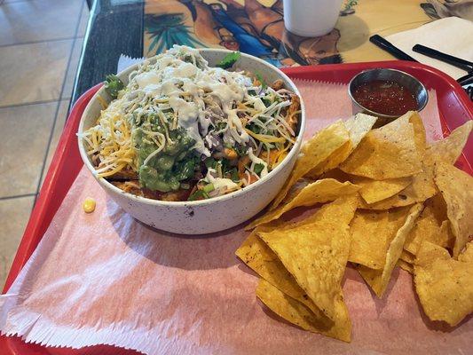 Burrito bowl with all of the fixings.