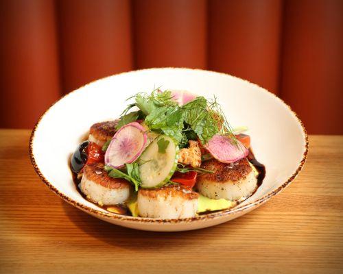 Seared Scallops, Spring Vegetable Panzanella, Pickled Peppers