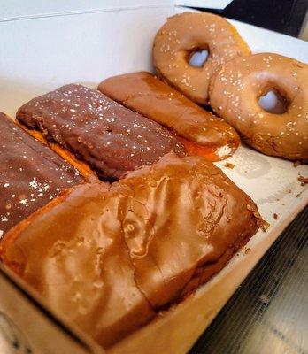 Maple bar with creme, Custard filled Chocolate bar and the amazing Salted Caramel donut!!