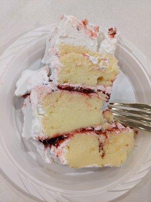 French vanilla strawberry butter cream cake. One slice at a wedding reception. It was delicious!