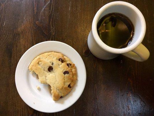 Vegan chocolate chip cookie and deep dark strong coffee.