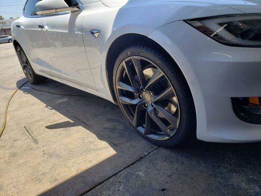 Tesla Model S Arachnids w/new tires & sensors installed.