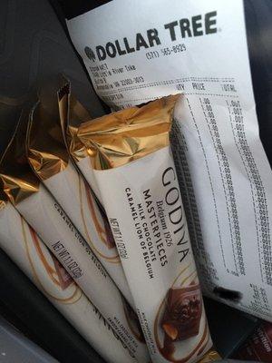 They have two kinds of Godiva chocolate bars for $1!!! YUMMMMOOOOOOO!!! 1) milk chocolate with caramel  2) dark chocolate with ganache