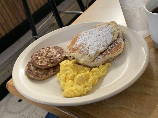 Pancakes with eggs and sausage