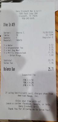 Bill showing charge for water and onion rings