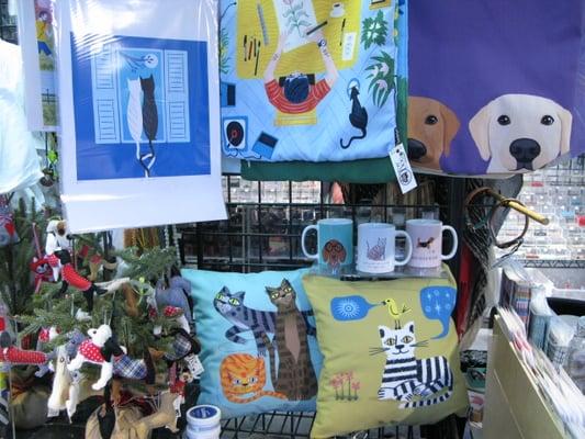 Cushion covers, prints by UK artist from Oxford; Mugs from Calif. company; felted dog ornaments from Dingle, Ireland