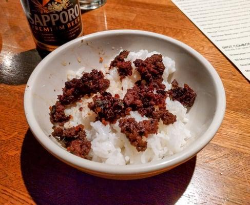 Korean beef rice bowl, described as "cheater" bulgogi. Delicious!