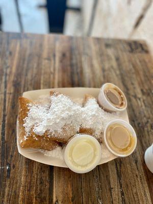 3 beignets with all 3 sauces