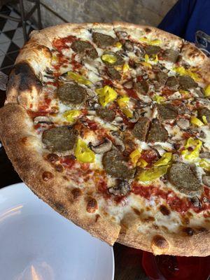 Make your own pizza w/ mushrooms, meatballs, and banana peppers