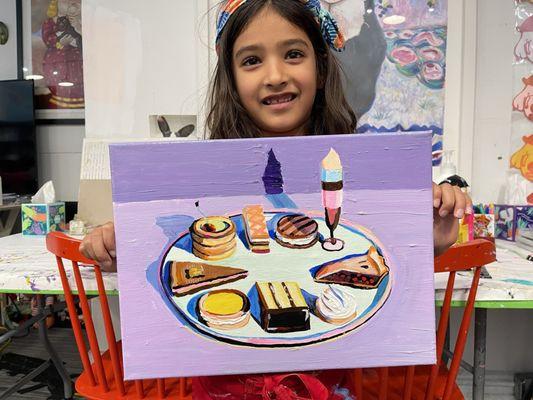 A acrylic painting of a Wayne Thiebaud original oil artwork created by an eight year-old student at Chris Babcock Art Prep, 2024