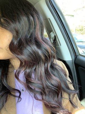 Had a red/violet glaze and a haircut, styled with some beachy waves by Cassie