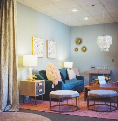 The comfy and stylish lounge area in the bridal suite was designed by West Elm.