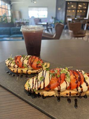 Caprese toast and iced americano