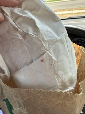 Blood on my sandwich wrapper that was given to me today