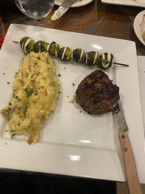 Filet, Brussels and garlic mashed potatoes