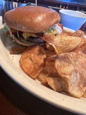 Old fashioned bacon cheddar burger with home chips! Awesome old school burger!