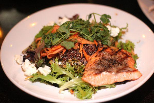 Quinoa Salad with Grilled Salmon ($21) w/o dressing - carrots, beets, brussel sprouts, broccolini, goat cheese, almonds. Missing radish :(