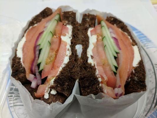 Lox and cream with red onions, tomatoes, and cucumbers. Refreshing.