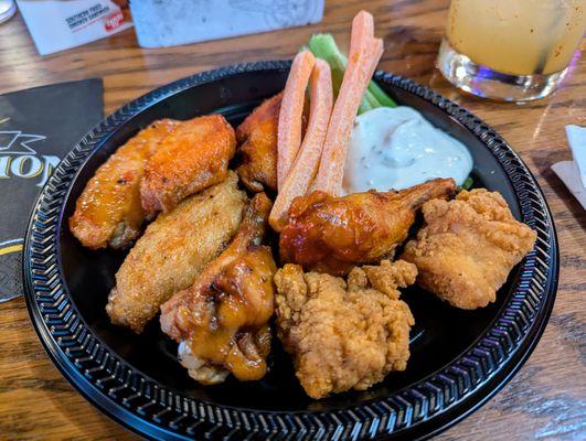 Wings including boneless wings. I think the flavors were lemon pepper wet, Asian sweet heat, and hot.