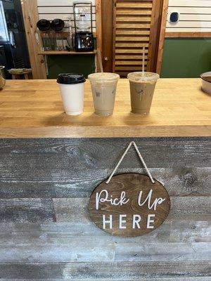 Pick up area - 16 oz oatmilk cappuccino - 16 oz iced oatmilk chai - 16 oz iced oatmilk toasted marshmallow latte