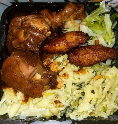 Stew chicken with plantains, rasta pasta, and veggies