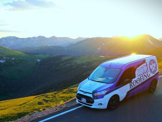 Columbine Roofing & Solar vehicle in our beautiful Rocky Mountain National Park