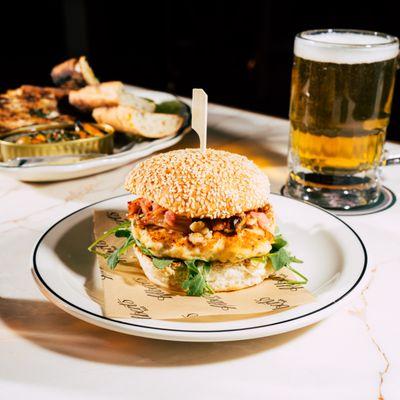 rock shrimp burger and a beer