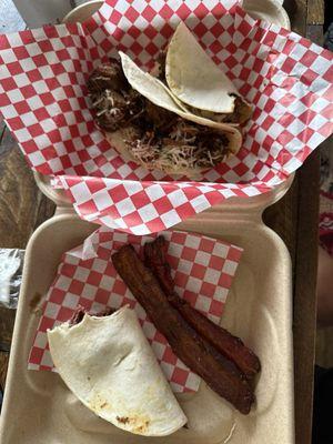 Tacos with brisket and candied bacon