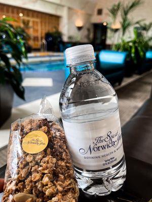 Complementary granola and water at the pool