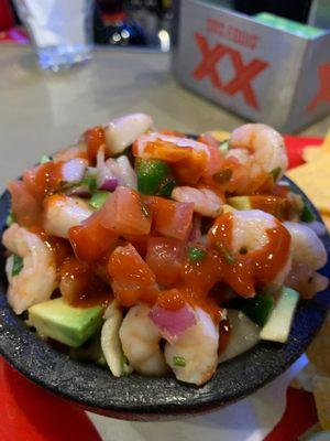 Ceviche with Mexican hot sauce and fresh lime squeezed over the top.