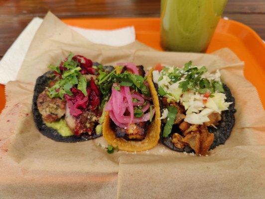 Specialty Combo (mixta, cochinita pibil, chicharron) and limon pepino ahua fresca