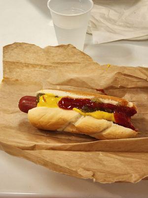 $1.50 foot long hotdog with a soda.