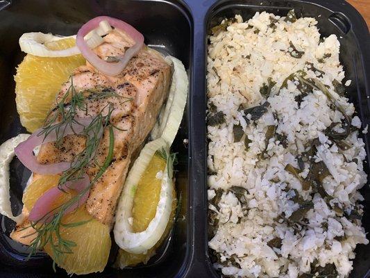 Salmon with cauliflower kale rice