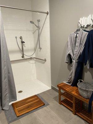 Private shower attached to sauna room, no sink in the adjoining rooms, only in the restroom.