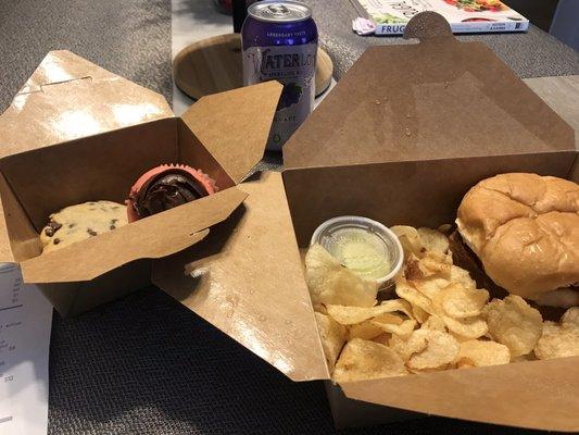 Beyond Pizza Burger with mozzarella cheese, chocolate chips cookie, and strawberry cupcake with chocolate icing