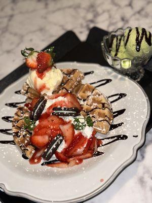 Strawberry waterfall and green tea ice cream