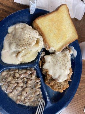 Chicken Fried Steak (real steak), Mashed Potatoes and Blackeyed Peas. Absolutely delicious.