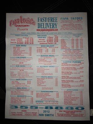 Current menu with new prices.