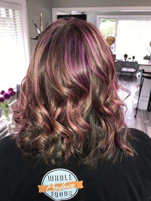 Pink, Red, and Blond highlights with a fresh Bob haircut! By Meredith