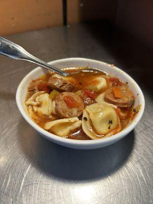 One of the many rotating soup options, sausage vegetable with tortellini pasta.