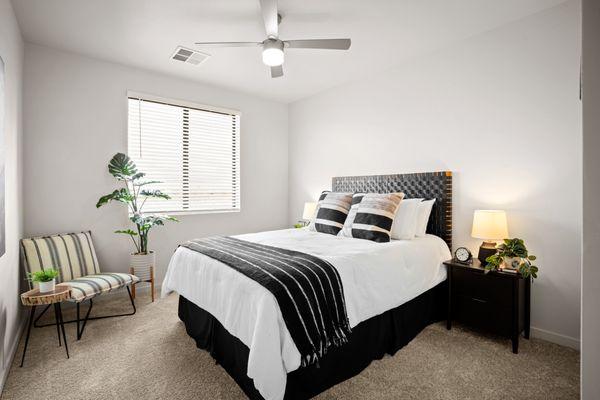 Bright Bedroom with Ceiling Fan