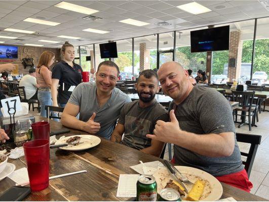 Leonardo Nogueira, Bruno Malfacine and me having Brazilian barbecue for lunch,  after a hard set of training