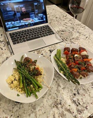 Couscous with asparagus and flatiron steak kabobs topped with chimichurri sauce