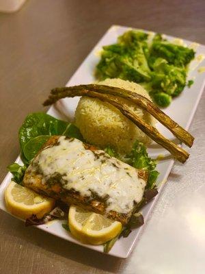 Herb Crusted Salmon on a need of pilaf rice with grilled broccoli that out of this world and don't forget your lemons and more veggies.