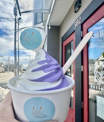 Ube and vanilla soft serve ice cream