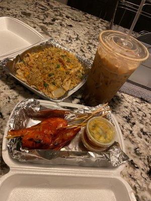 Chicken Satay, Chicken Thai Fried Rice, and Thai Iced Coffee