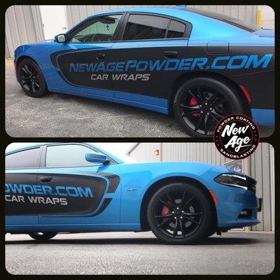 New Age Powder Coating wrapping one of our own. Custom car wrap and powder coating of the rims in matte black. Contact us to see how we can