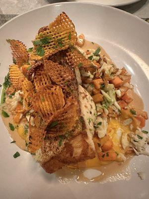 Red Snapper over sweet potato crab hash