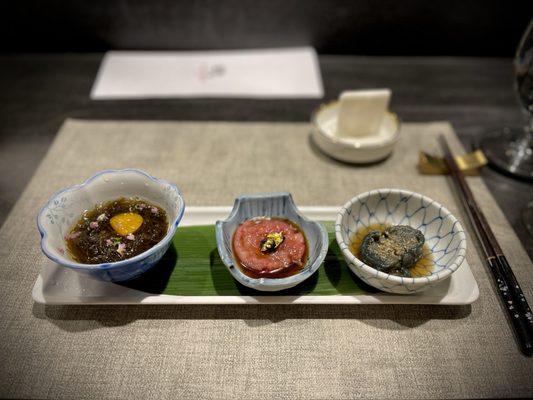 mozuku, toro tartare, nasu agedashi